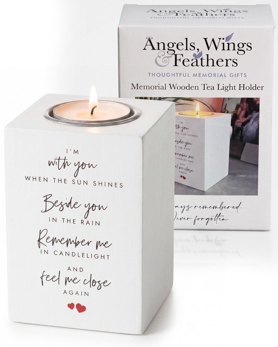 SnelShoppen - Memorial Houten Waxinelichthouder - Witte Houten Herdenking Kaarsenhouder met Gedicht - Rouwverschijnselen Cadeau - 10x7x7cm