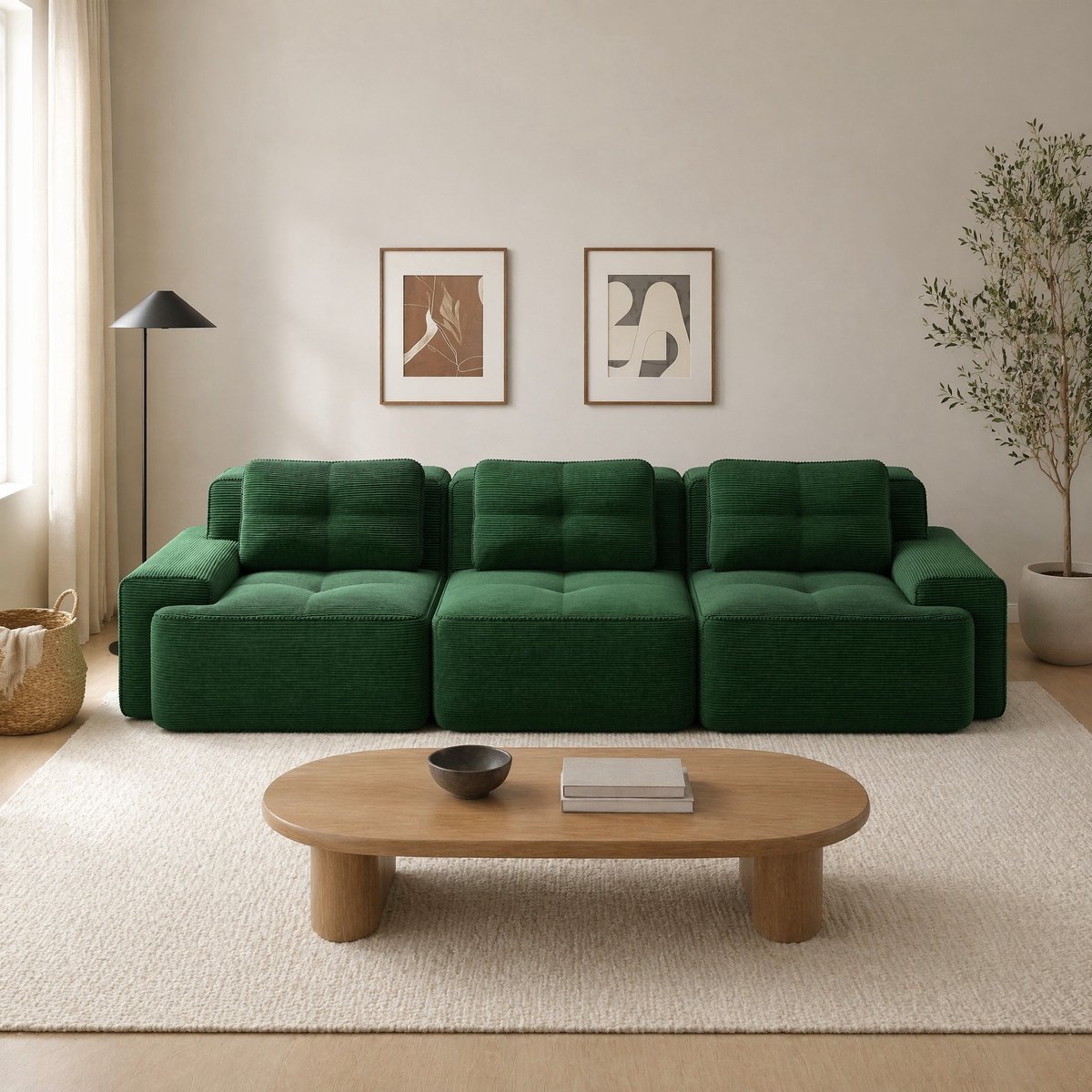 COVREO modulaire bank 293 x 104 x 69 cm - groen corduroy, 3-zits, zonder montage