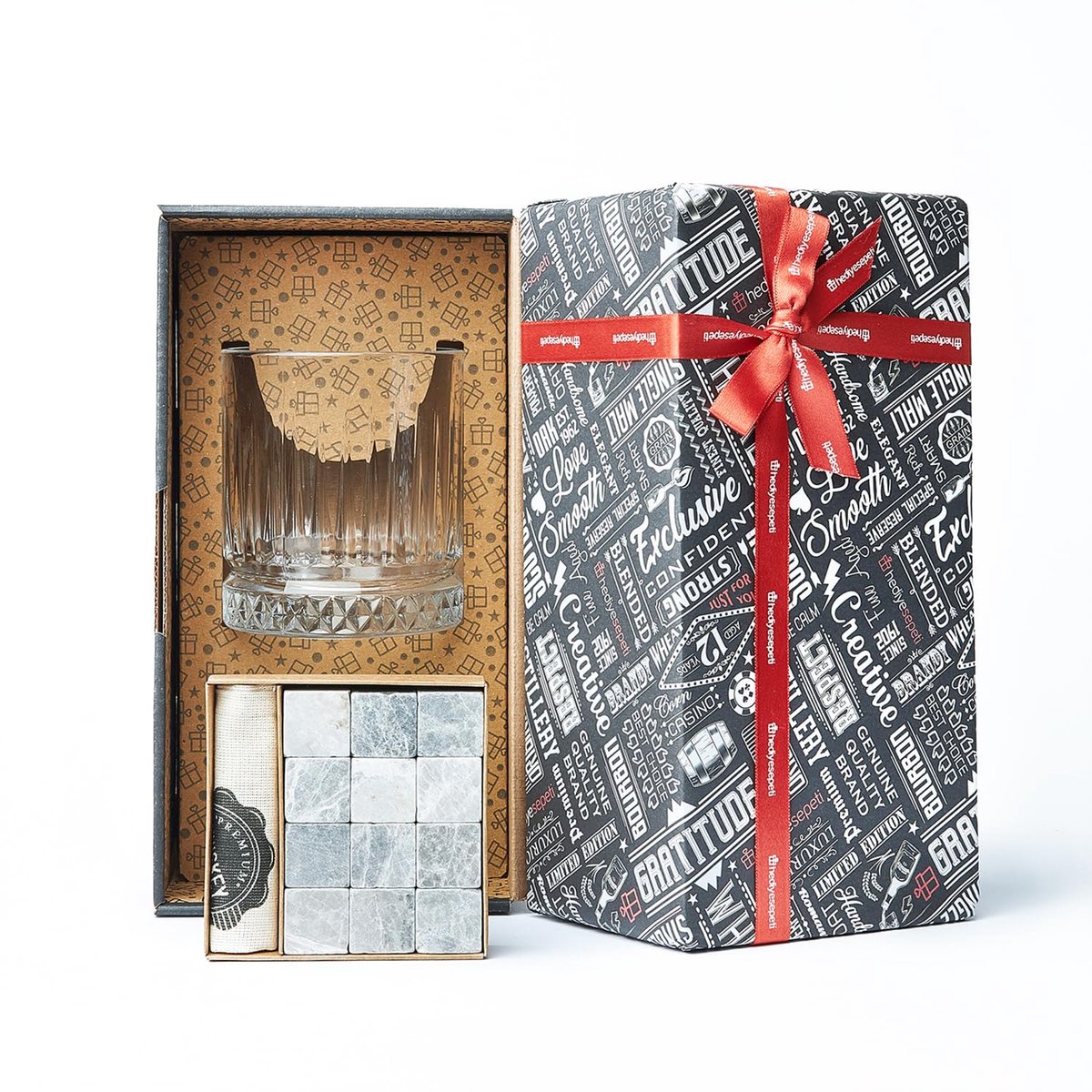 SnelShoppen - Groot glas en 12 marmeren whiskystenen - Exclusieve whiskycadeauset met fluwelen zakje voor vaders - Perfect cadeau voor Kerst, Vaderdag