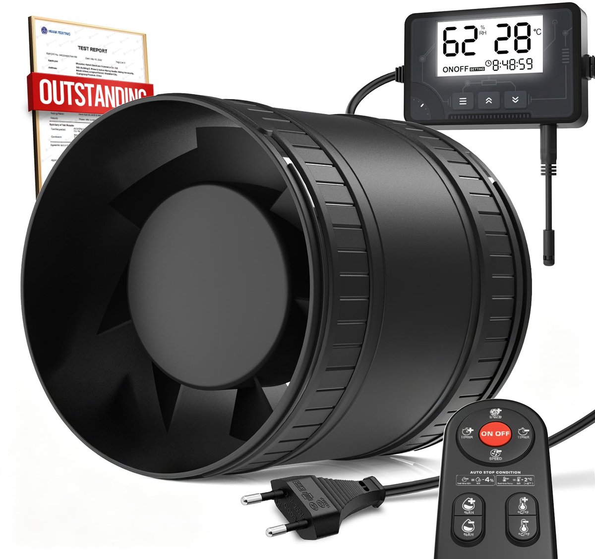 SnelShoppen - 100mm Buisventilator met Afstandsbediening, Stille Kanaalventilator met Vochtsensor, Temperatuursensor en Timer, Ideaal voor Badkamer, T