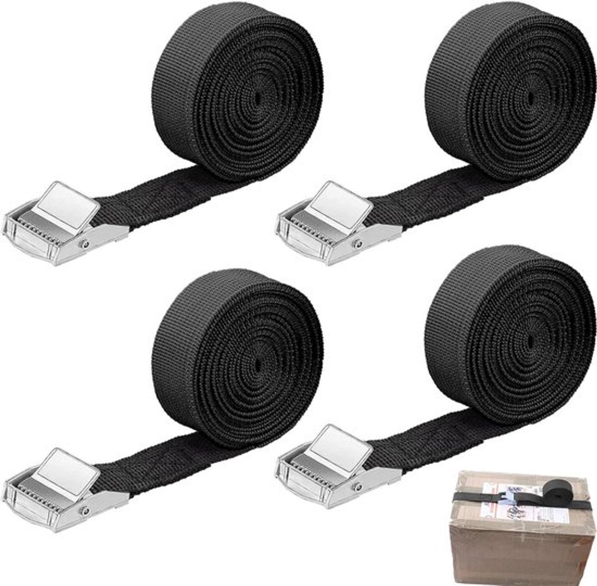 Set van 4 verstelbare spanbanden van 2 meter lengte - 20 mm breed - sjorriemen met ratel - ideaal voor fietsen, motorfietsen, bagage transport - vrachtwagen, camping