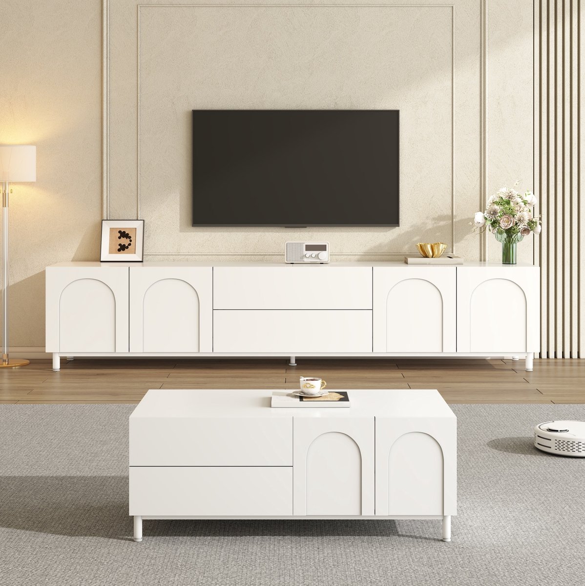 Tv Meubel Set Met Couchtafel En Bogenvormige Deuren Voor Woonkamer En Opbergruimte Wit Mdf En Spaanplaat 180x40x48 Cm