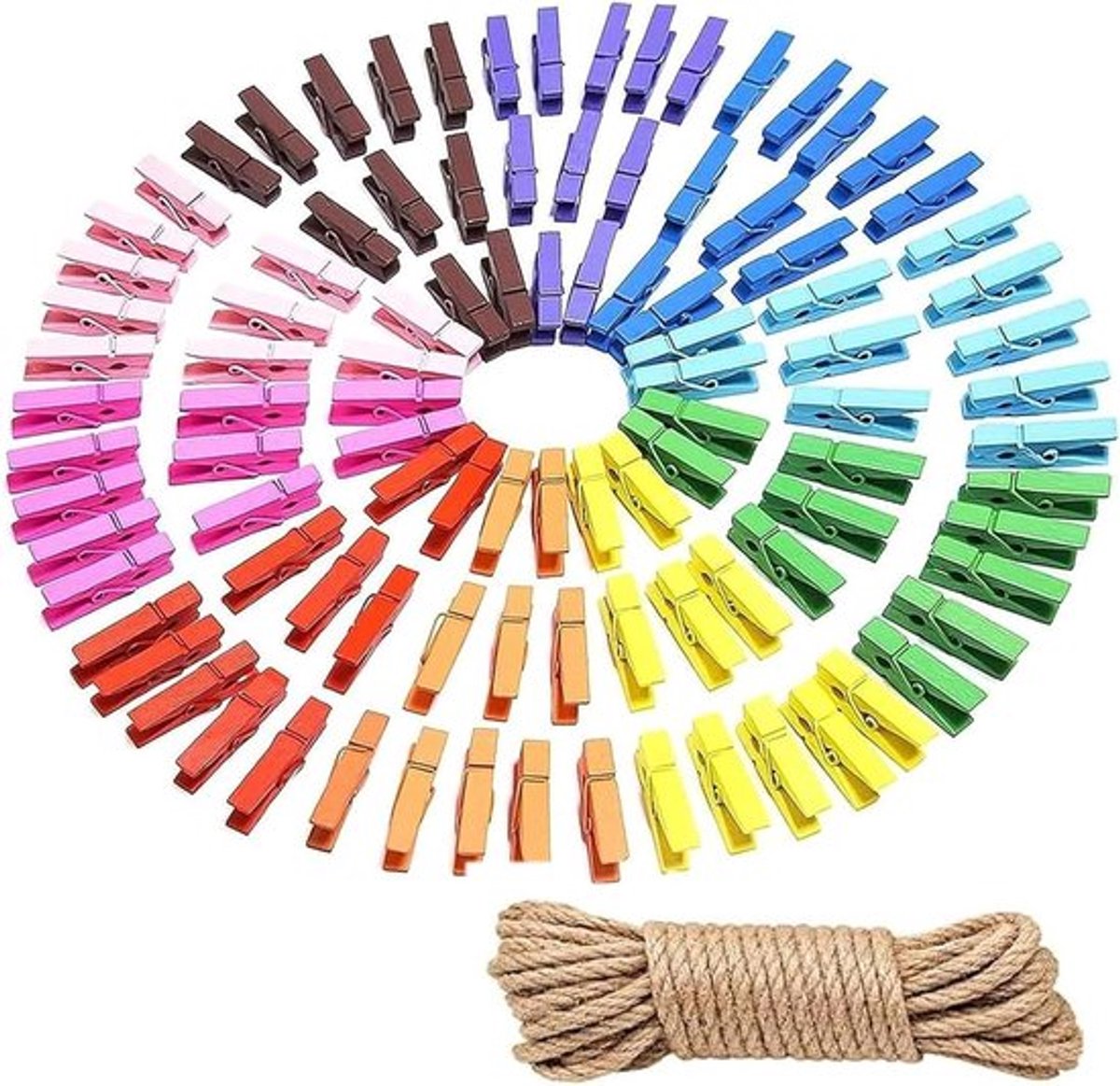 Set van 100 stuks kleine wasknijpers van 3,5 cm in kleurrijk hout met jute koord - ideaal voor foto's, collages en geschenken.