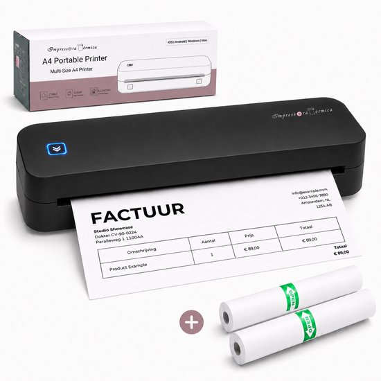 Zwarte Impressora Térmica A4 draagbare printer met papier dat eruit komt. iOS, Android, Windows, Mac compatibel. Inclusief twee rollen.