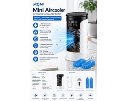oROMI Aircooler met Waterverneveling – 6 Snelheden – 300 ml Watertank – 7 Kleuren LED – Timer – USB Tafelventilator met 2 Koelelementen