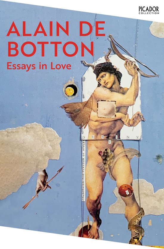 Couverture du livre 'Essays in Love' d'Alain de Botton, avec un collage d'une figure masculine tenant un arc et une flèche.