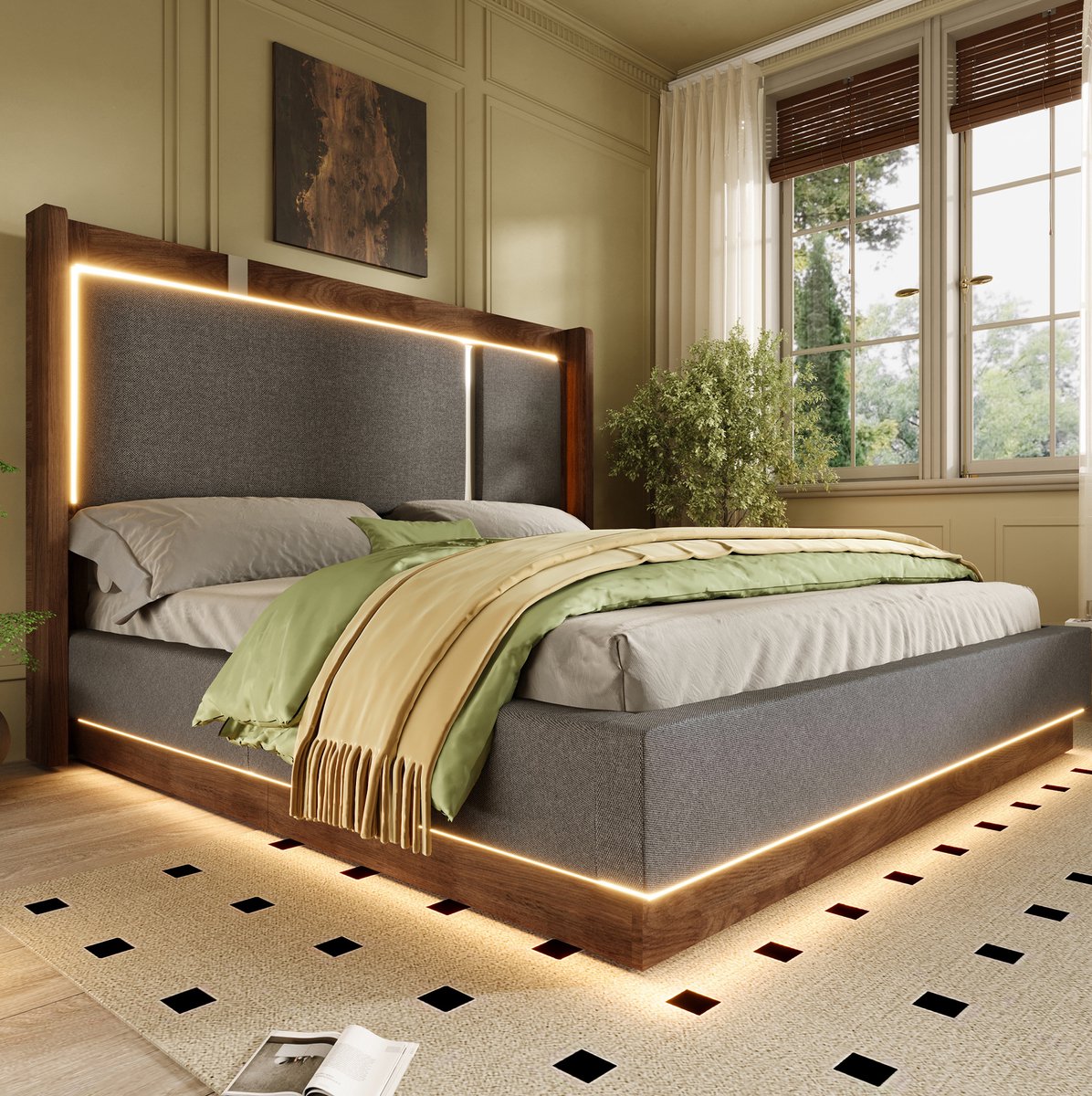 MODFU - Dubbelbed - Stof - Grijs - Walnoot - Led - Opbergruimte