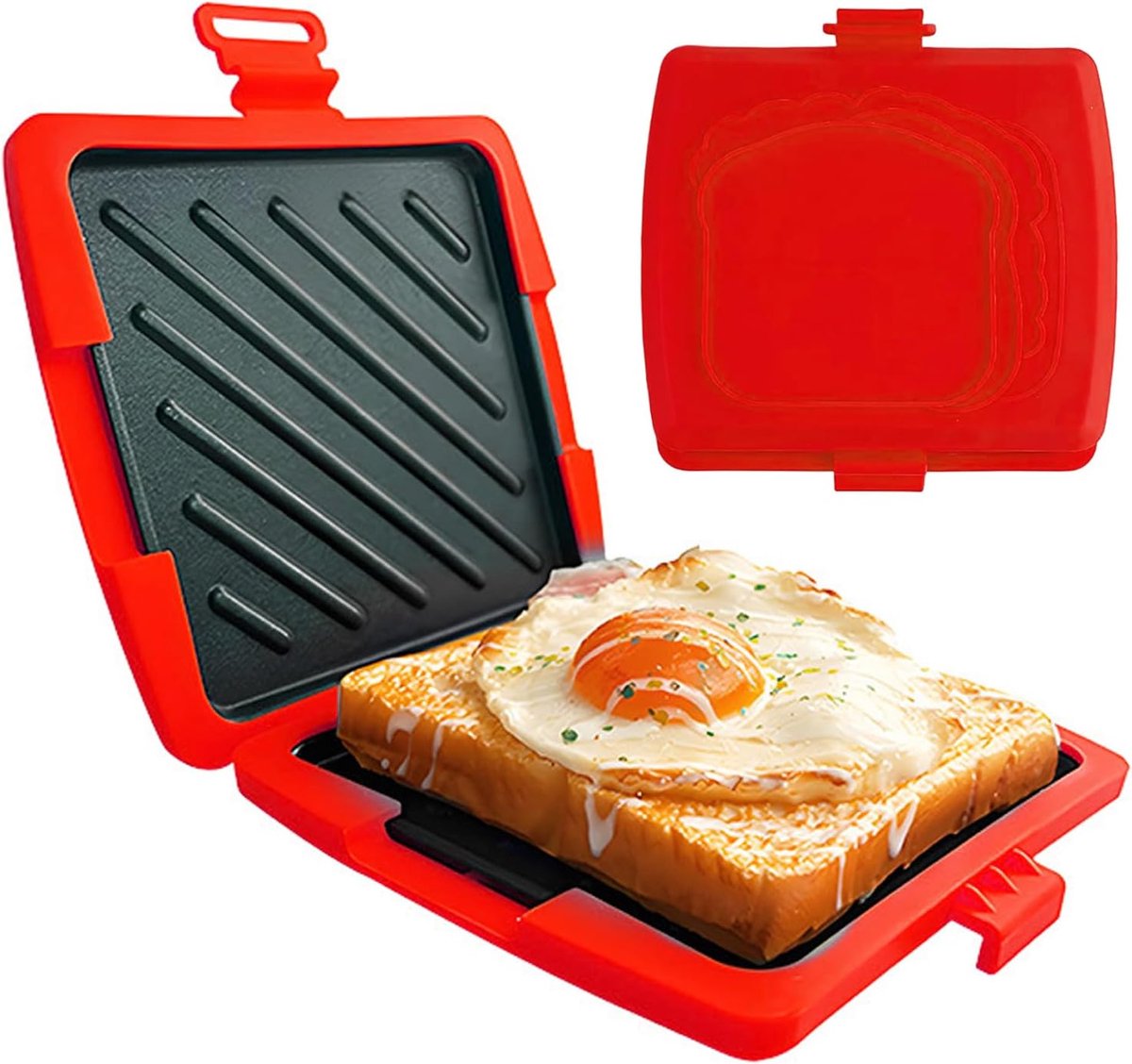 Magnetron sandwichmaker van siliconen, tosti apparaat met verwijderbare aluminium platen 16 x 16 cm, compacte panini grill voor thuis, kantoor, studentenhuis en camper – rood