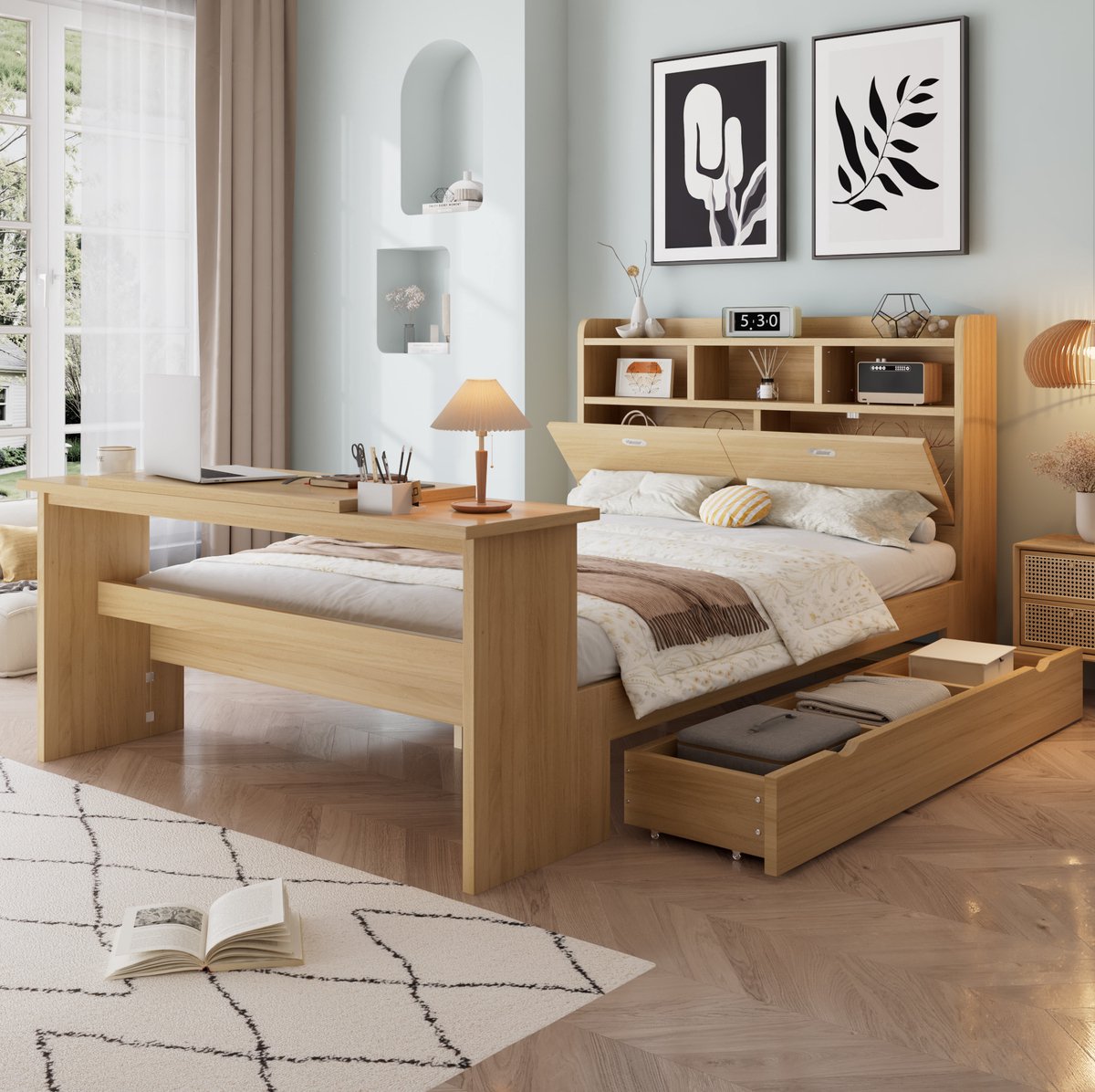 MODFU Bed - Opbergruimte En Opklapbare Tafel - Modern - Hout - Naturel - 140 X 200 Cm