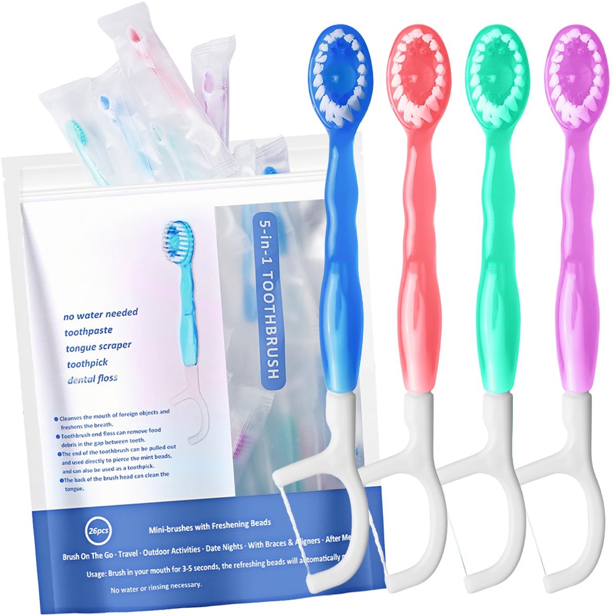 SnelShoppen - 26-delige 5-in-1 Reistandenborstel Set, Zachte Draagbare Tandenborstel met Voorgecoate Tandpasta, Ideaal voor Reizen, Kamperen en Dageli