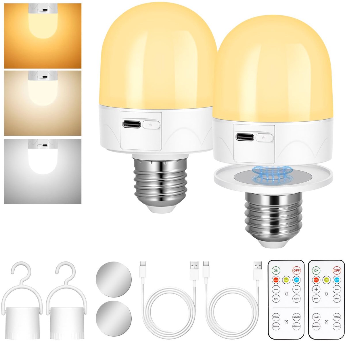 SnelShoppen - E27 USB-C Oplaadbare Gloeilamp met Afstandsbediening - 3W Dimbare Campinglamp - 3 Kleurtemperaturen - Touch Control Noodlamp met Haak -