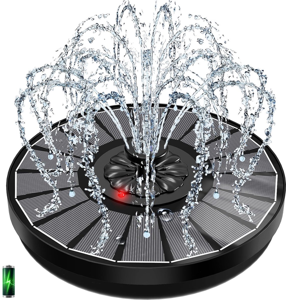 SnelShoppen - Zonnefontein met LED-indicator, 2000mAh 3,5W Vogelbadfontein met 7 Sproeiers en 4 Bevestigingen, Glazen Paneel Waterfontein voor Tuin, Z