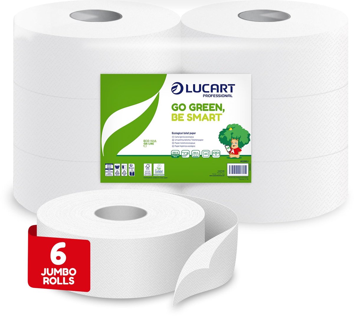 SnelShoppen - Set van 6 Jumbo rollen Ecologisch Toiletpapier, 2-laags, Zacht en Consistent, 100% Gerecycled, FSC-gecertificeerd, Wit voor Thuis en Bed