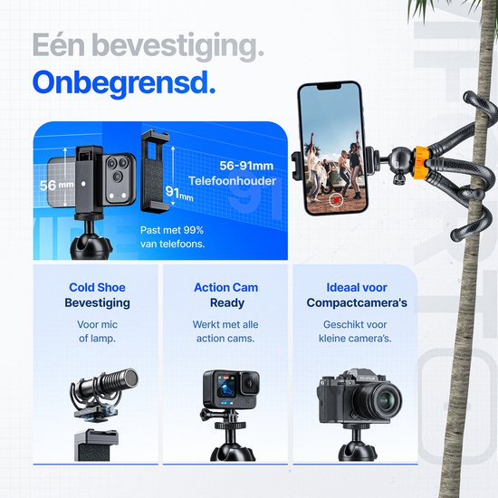 Flexibel statief met telefoonhouder (56-91mm), cold shoe, action cam en compactcamera bevestiging.