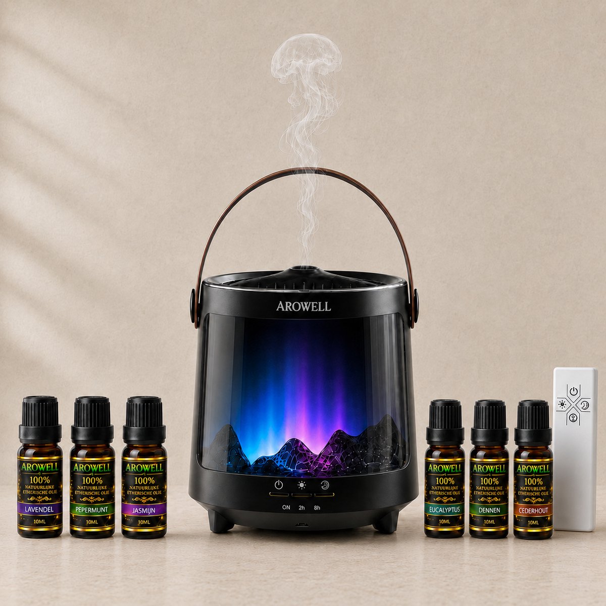 Arowell - Aroma Diffuser Zwart met 6 Etherische Oliën 10 ml – 300 ml – Aurora Noorderlichteffect – Kwalnevel – Afstandsbediening en Timer
