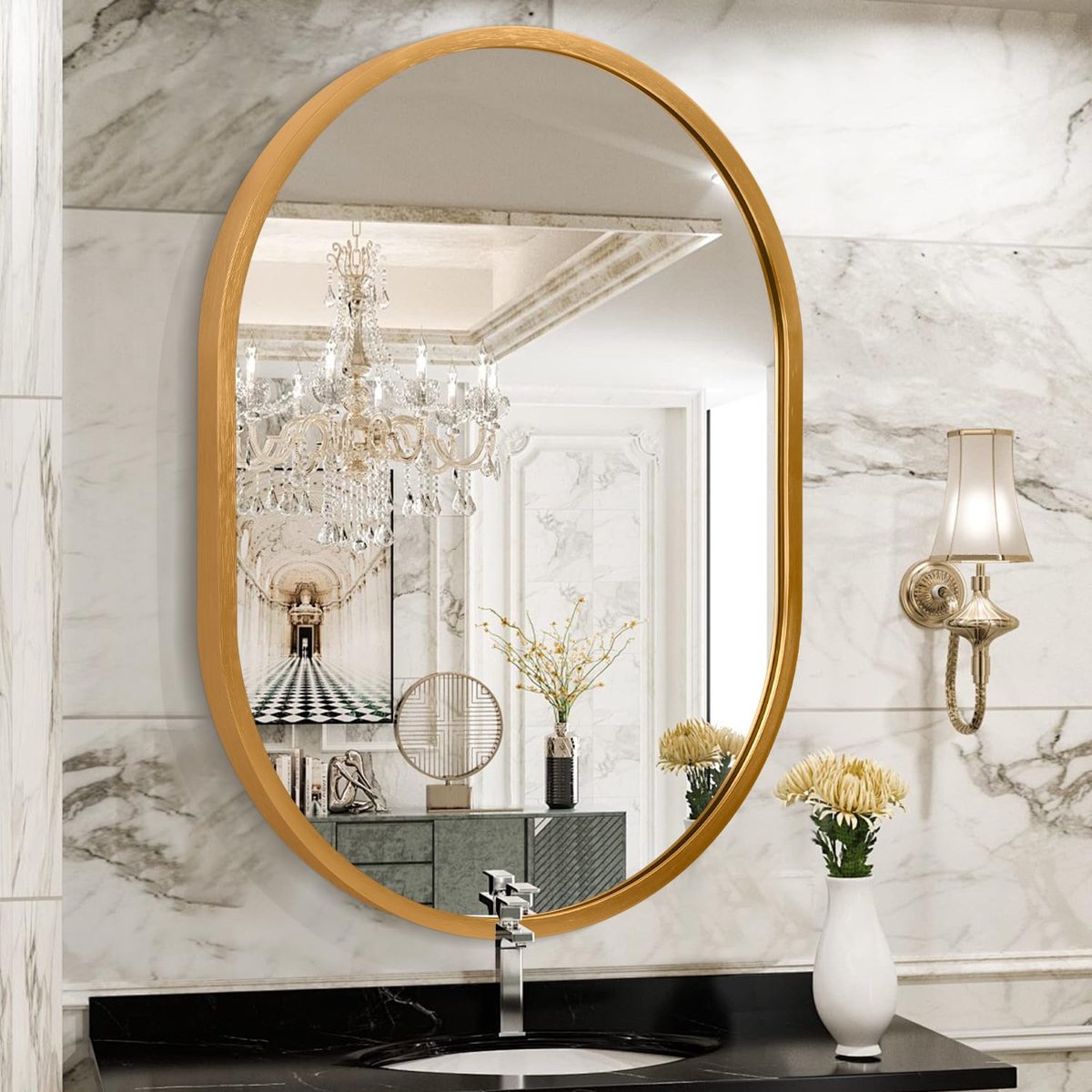 SnelShoppen - Ovale Badkamer Wandspiegel Metalen Frame 65x45 cm Gouden Aluminiumlegering Decoratieve Spiegel Voor Woonkamer Slaapkamer Hal Verticale H