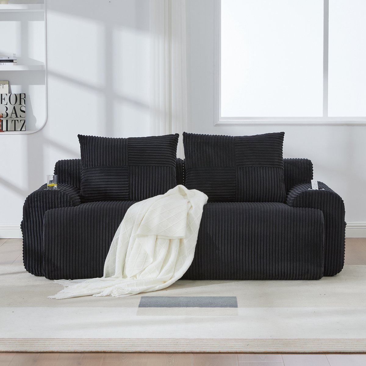 COVREO modulaire 2-zits bank 200 x 99 x 80 cm zwart corduroy met cupholder en opbergtas