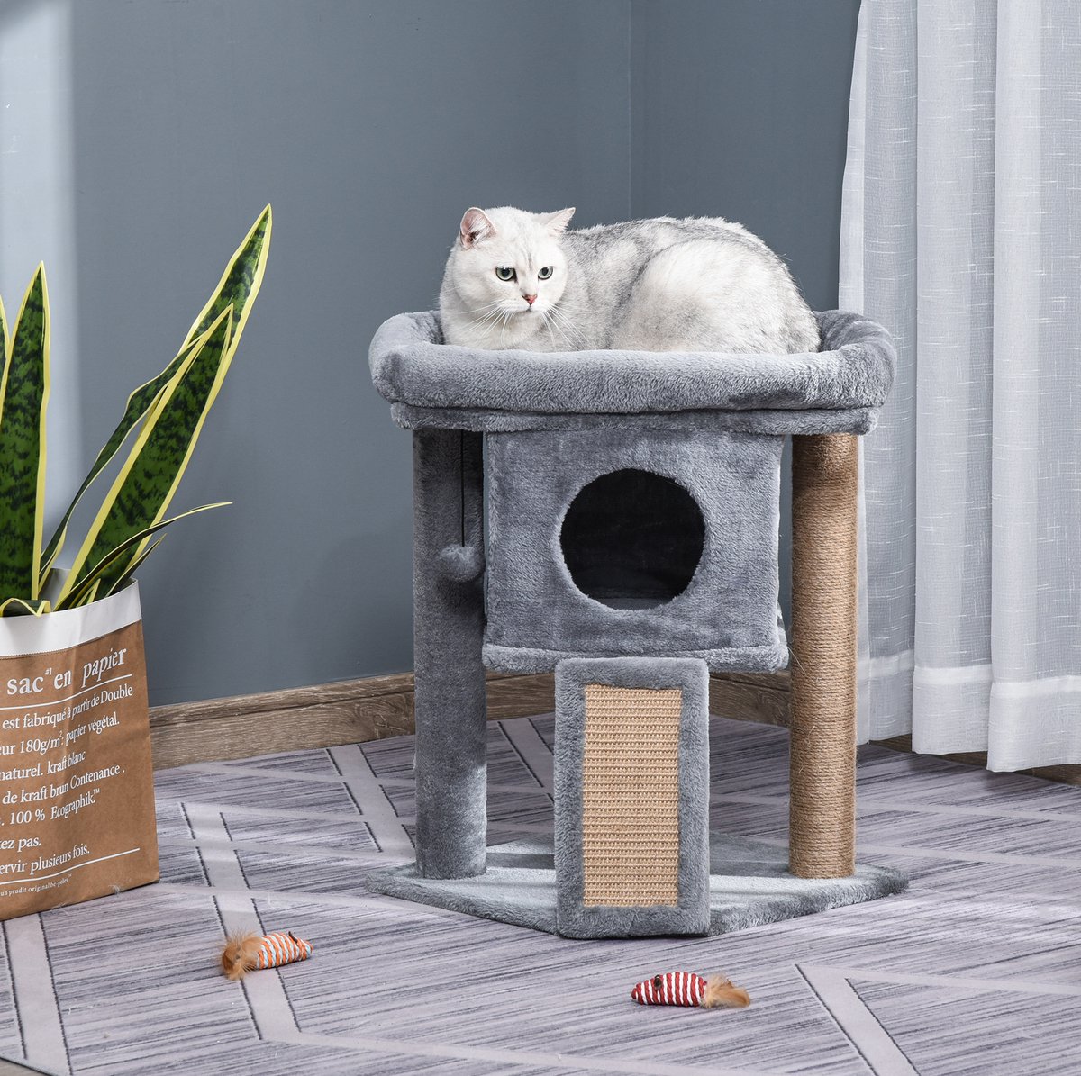 MIVRAY Krabpaal Meerstaps 57 Cm Met Kattenhuisje Ligplatform En Speelbal Pluche Lichtgrijs Voor Kleine Katten Compact En Stabiel