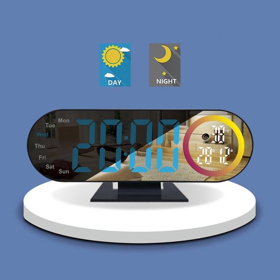 Digitale Klok - Spiegel Wekker - Wakker Worden - Zachte Verlichting - 18.5 cm - Wit — afbeelding 3
