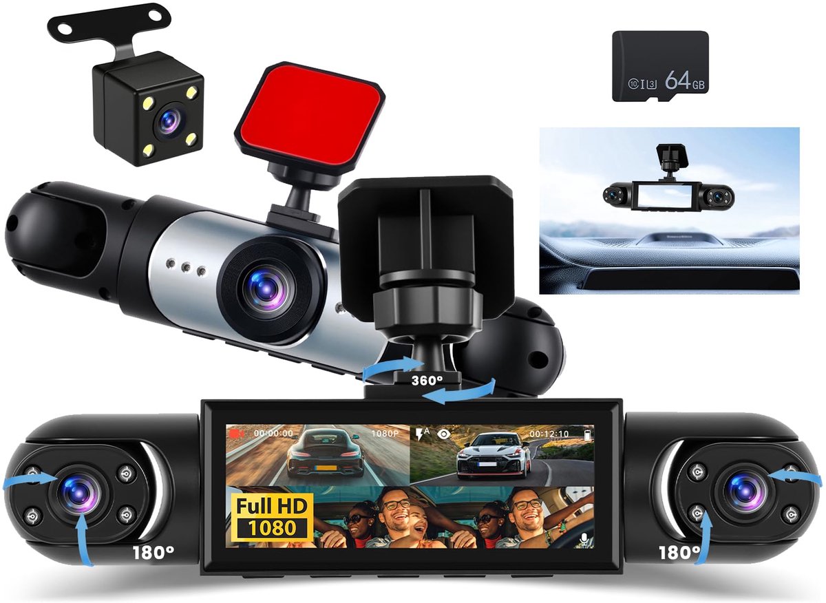 SnelShoppen - 4 Kanaals Dash Cam 360° 1080P Auto Camera met 3,16 inch Display, 64G SD-kaart, Loopopname, Nachtzicht, Groothoek 150°, Bewegingsdetectie