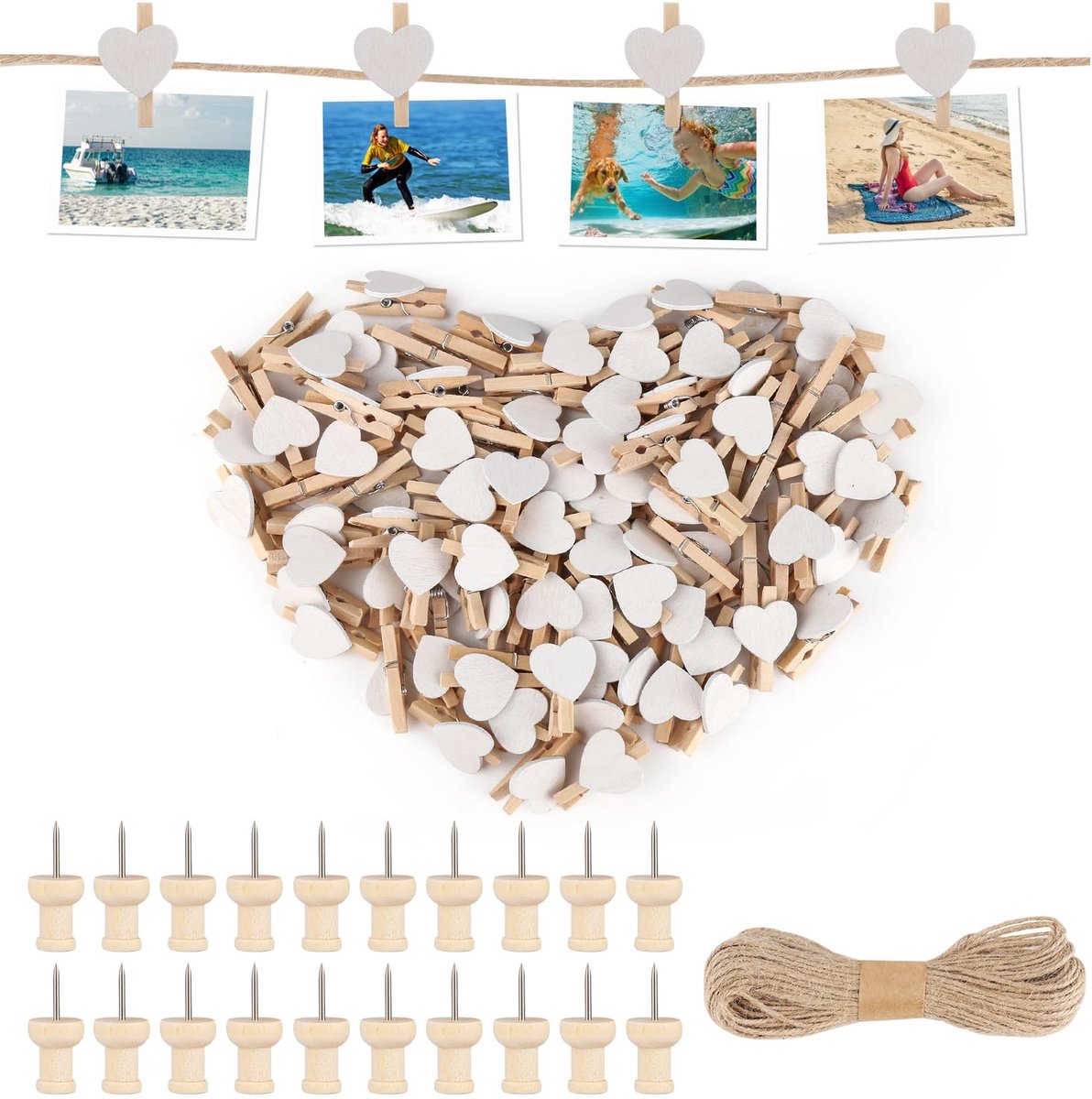 Dailygoods - 100 stuks hartvormige wasknijpers met jute koord en beeldnaalden