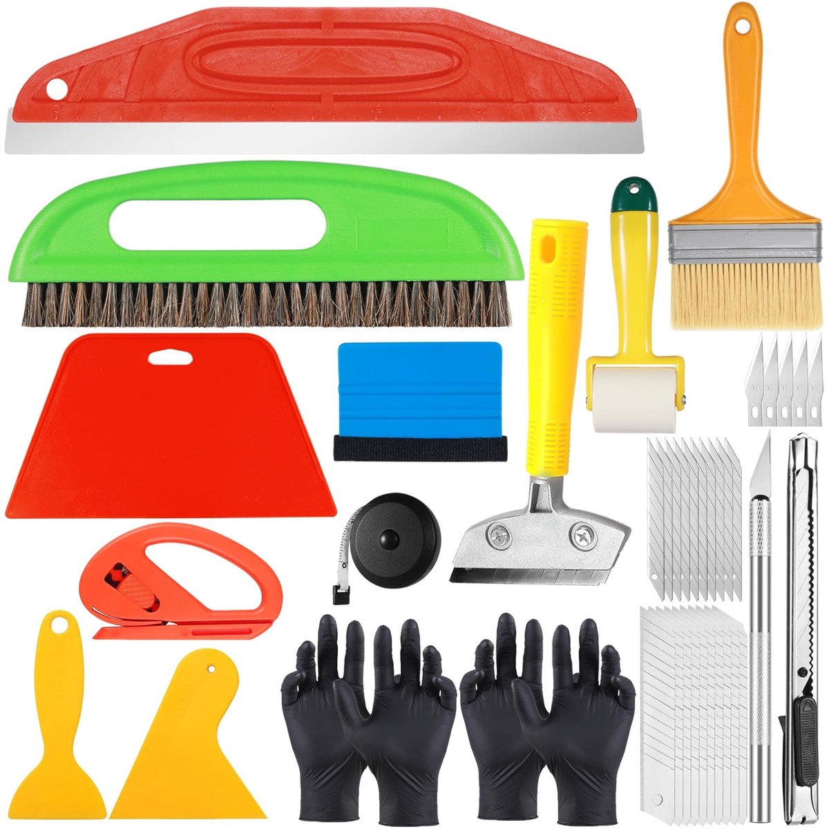 Dailygoods- Behanggereedschap 17-delig - Behangborstel - Naadroller - Rakel Behang - Snijgereedschap - Behangverwijderaar - Nitrilhandschoenen - Behangset