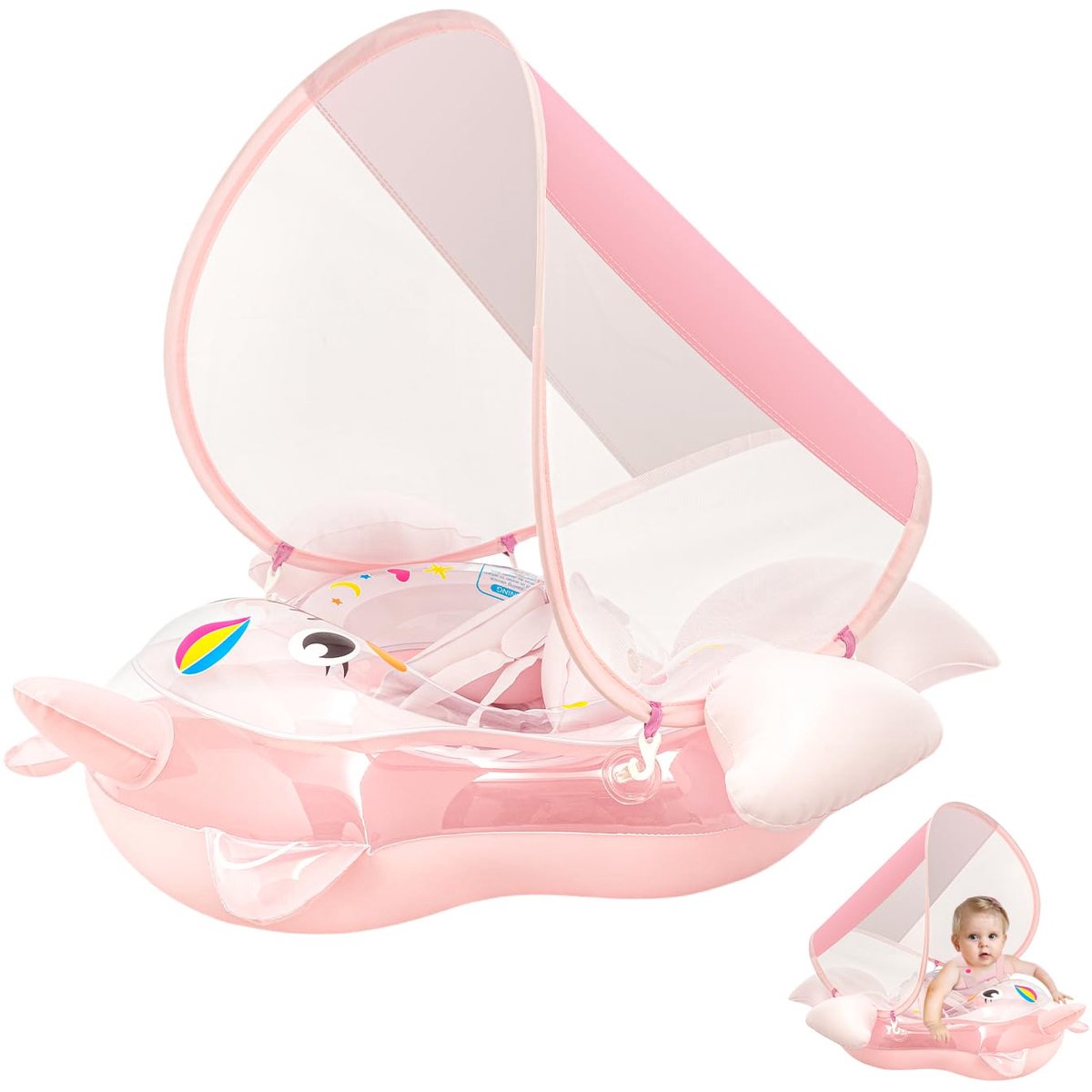 Dailygoods- Zwemvlotter Baby - Zonnedak UPF50+ - Driedimensionaal Eenhoornontwerp - Geschikt voor 3-12 maanden - Buitendiameter 78 cm - Maximale draagcapaciteit 11 kg - Babyzwemband