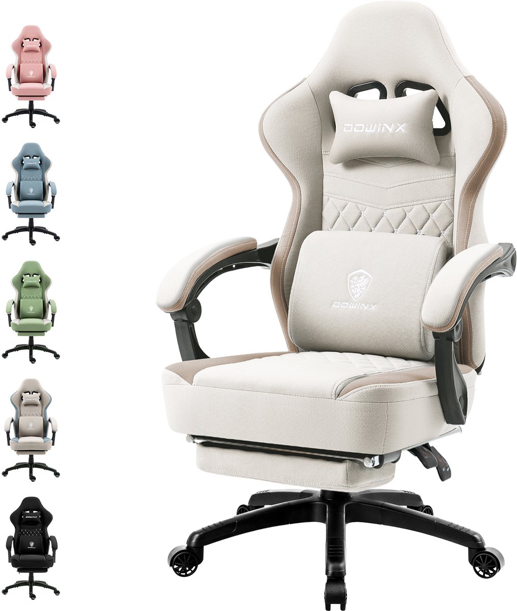 Gaming stoel - Ergonomische bureaustoel - Stoffen gamer stoel met verstelbare rugleuning - Hoofdsteun en voetensteun - 150 kg draagvermogen - Beige