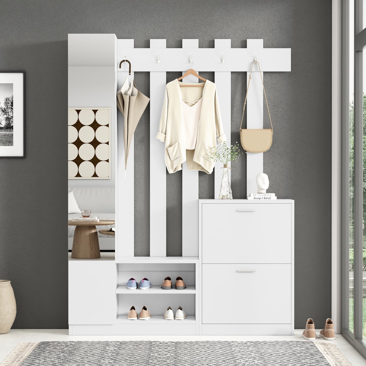 Kledingkastset van 135*25*180 cm met spiegel - halkast - wandplank - compacte kast - met 2 uitklapbare schoenenkasten + 2 opbergkasten - geschikt voor deuropeningen en hallen - wit
