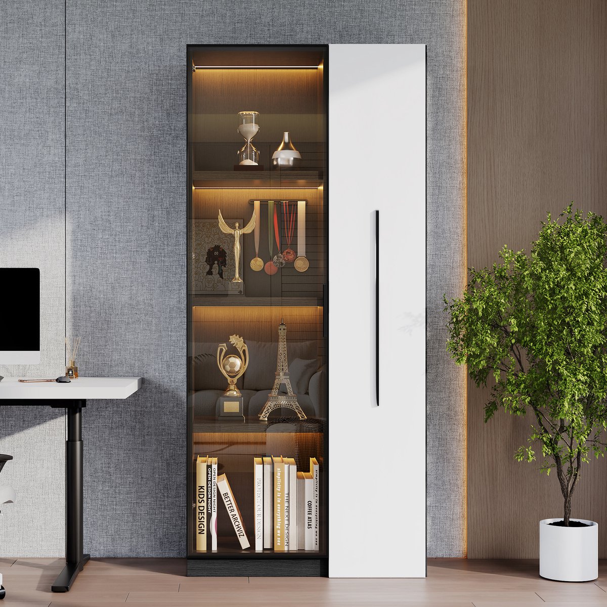 Vitrinekast met deur van gehard glas - boekenplank - aluminium deurkozijn - met laden - met wielen en LED-verlichting - zwart