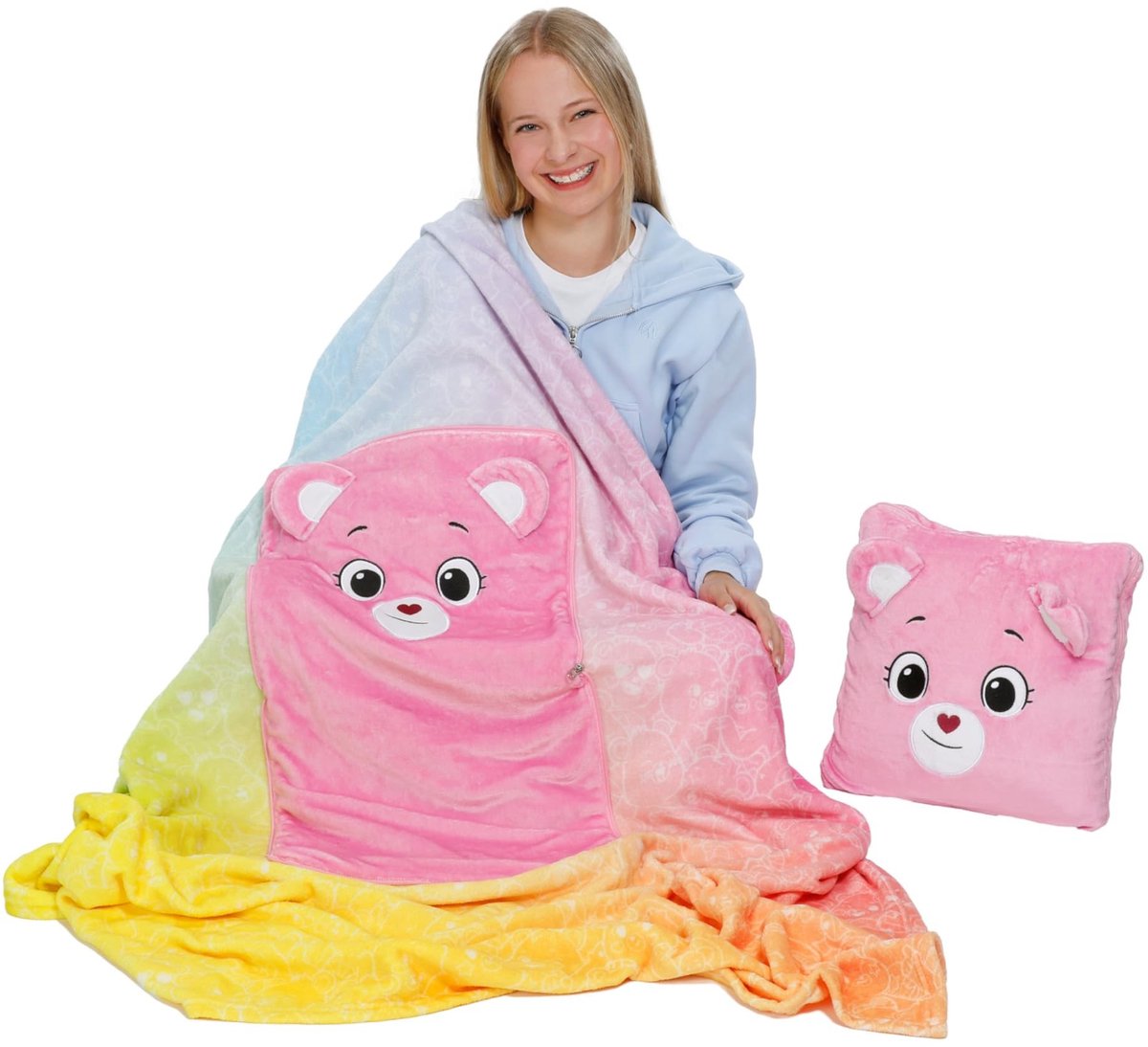 Dailygoods - 2-in-1 Deken en Kussen - Lucky Bears Reiskussen in Roze Kleur