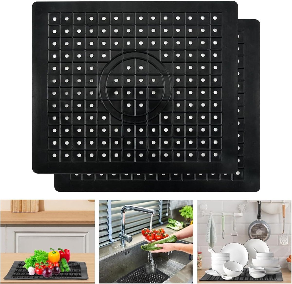 Dailygoods- Spoelbakvoering Rubber - Gootsteenvoering - Afwasmat - 2 Stuks - Zwart - 31 x 26 cm - Gootsteenmat