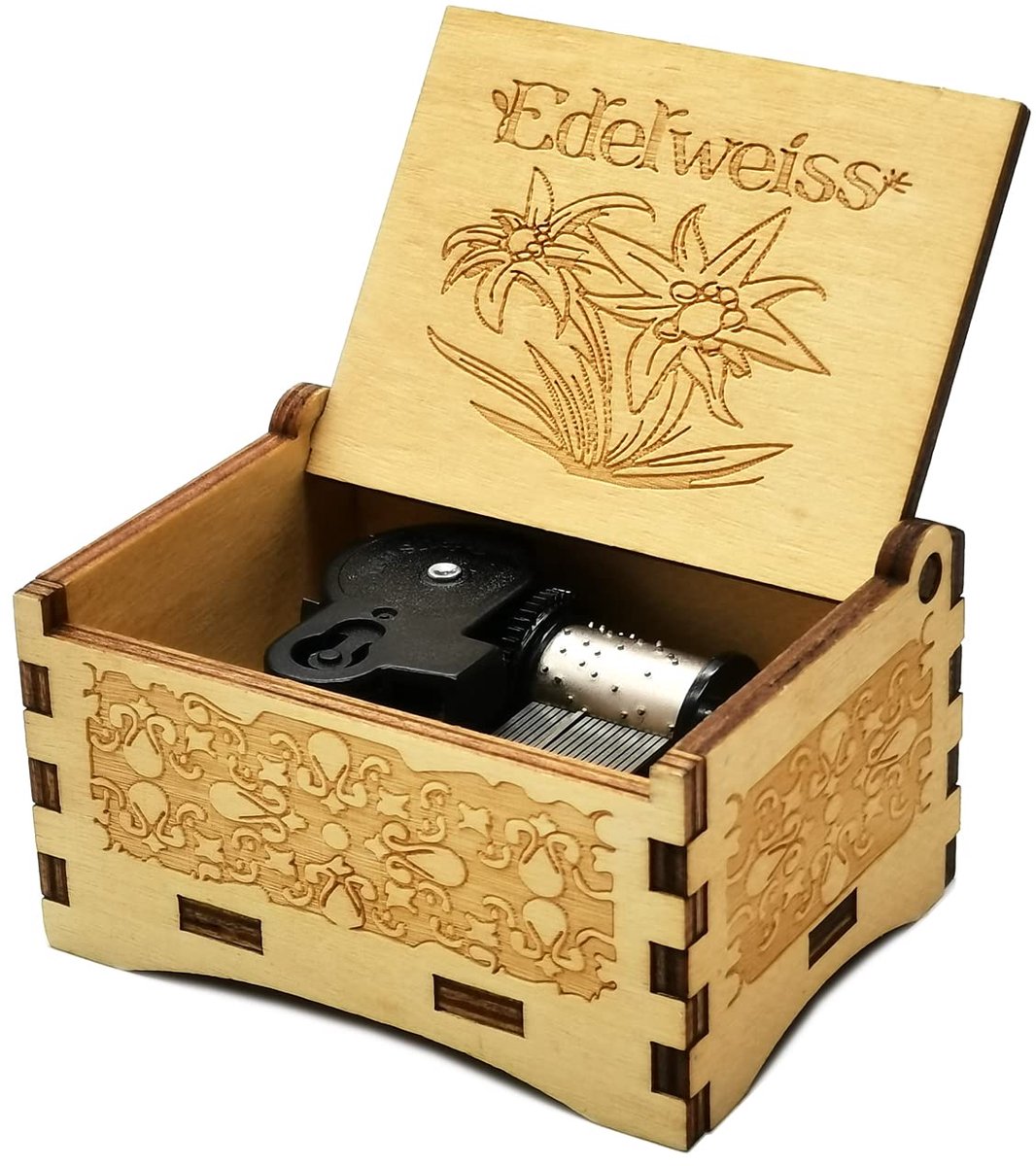 Dailygoods - Edelweiss Muziekdoos, Houten Gegraveerd Clockwork Aandrijving, Perfect Cadeau