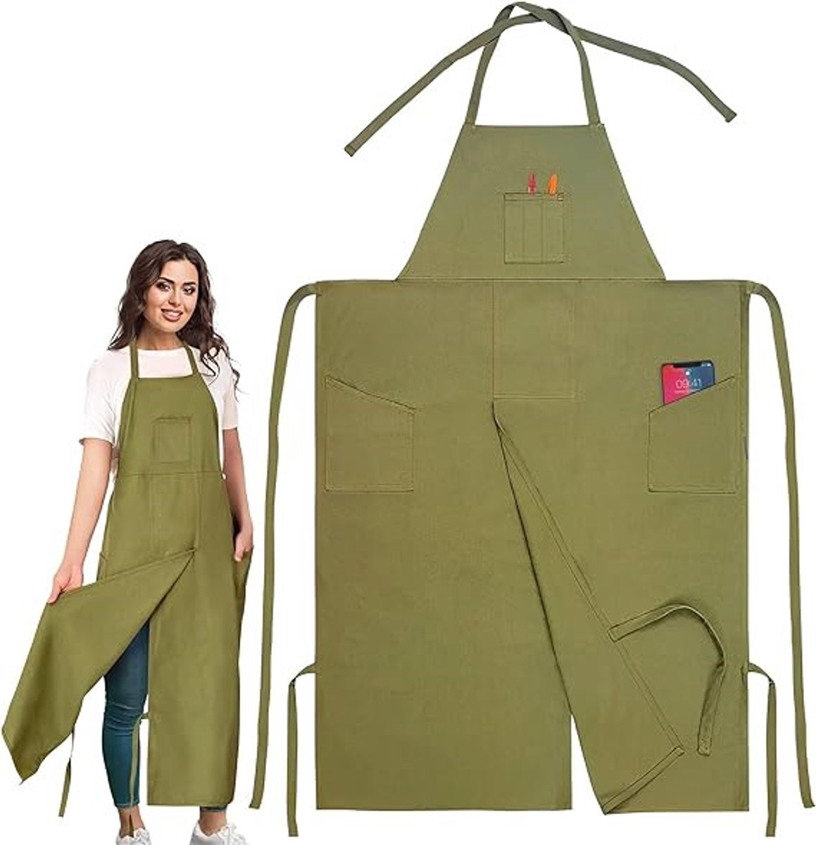 Gesplitste Benen Pottenbak Schort met Meerdere Zakken - Verstelbare Canvas Werk Schort - Vlekbestendig Kunstenaars Schort voor Schilderen, Pottenbakken, Koken en Tuinieren