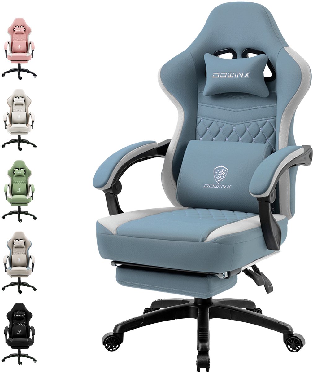 Dowinx Gaming stoel - Ergonomische bureaustoel - Stoffen gamer stoel met verstelbare rugleuning - Hoofdsteun en voetensteun - 150 kg draagvermogen - Blauw