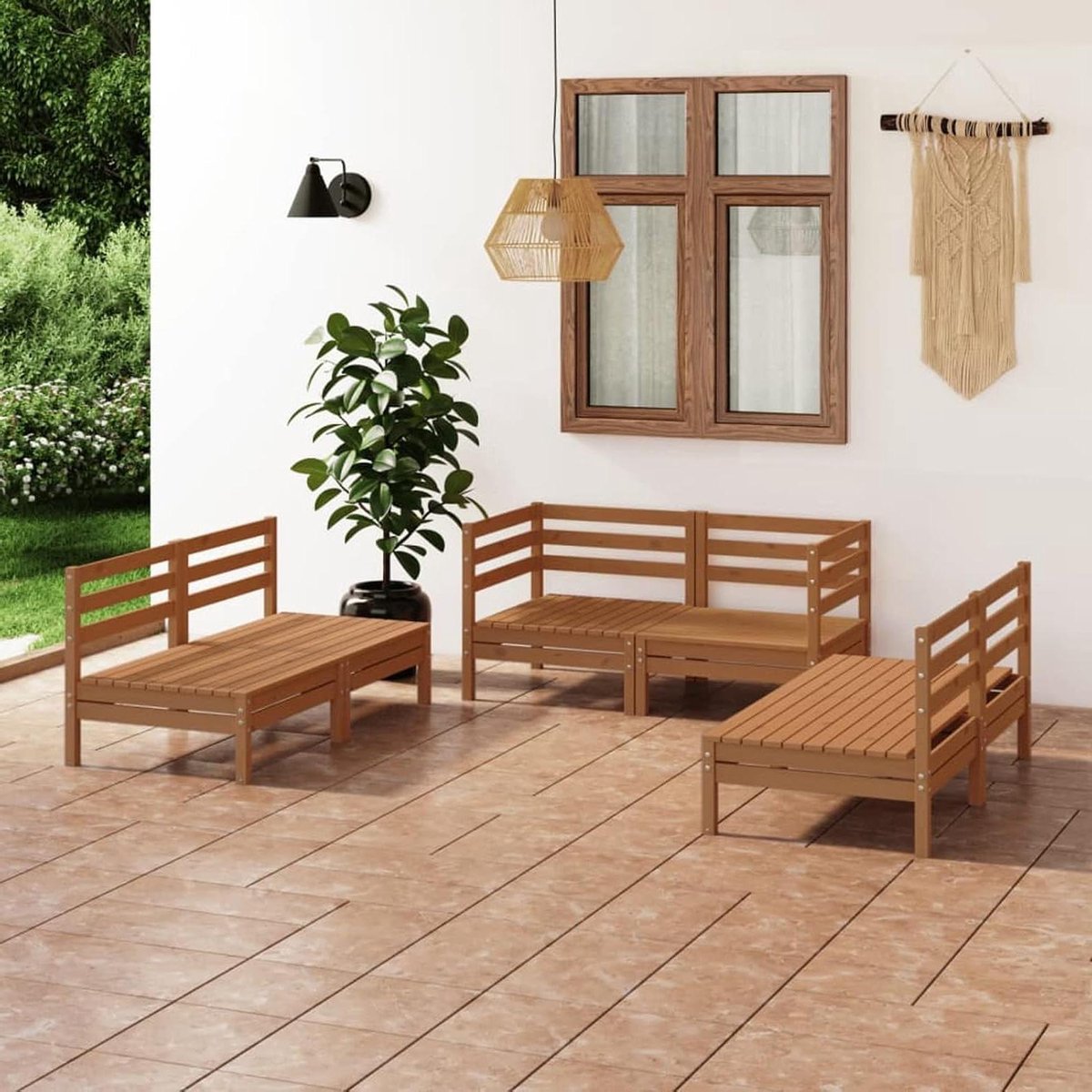 Tuinbankset Massief Hout - Palletbank Set - Buiten Ontspannen - Modulair Uitbreidbaar - 63.5 x 63.5 cm - Honingbruin