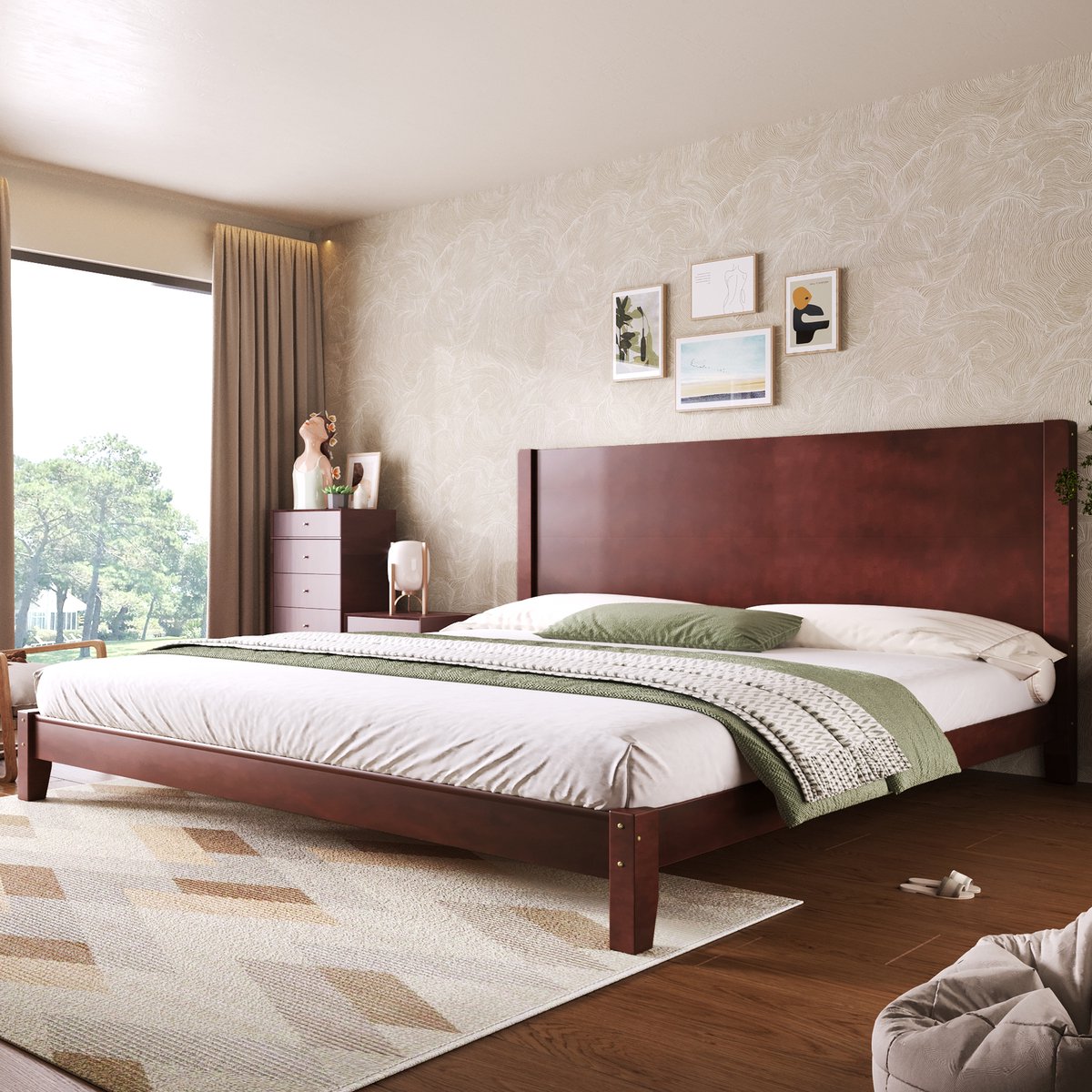 Bedframe 180x200 cm - Houten Platformbed Met Hoofdbord En Lattenbodem - Bruin
