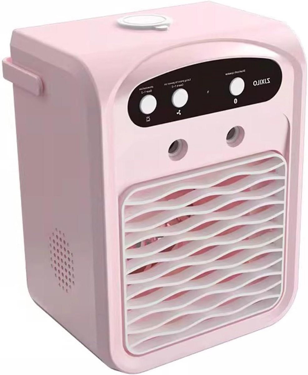 Draagbare Airco - Verdampende Koeler Bevochtiger - Persoonlijk Comfort - Met Licht en Speaker - 15.5x11x21cm - Roze