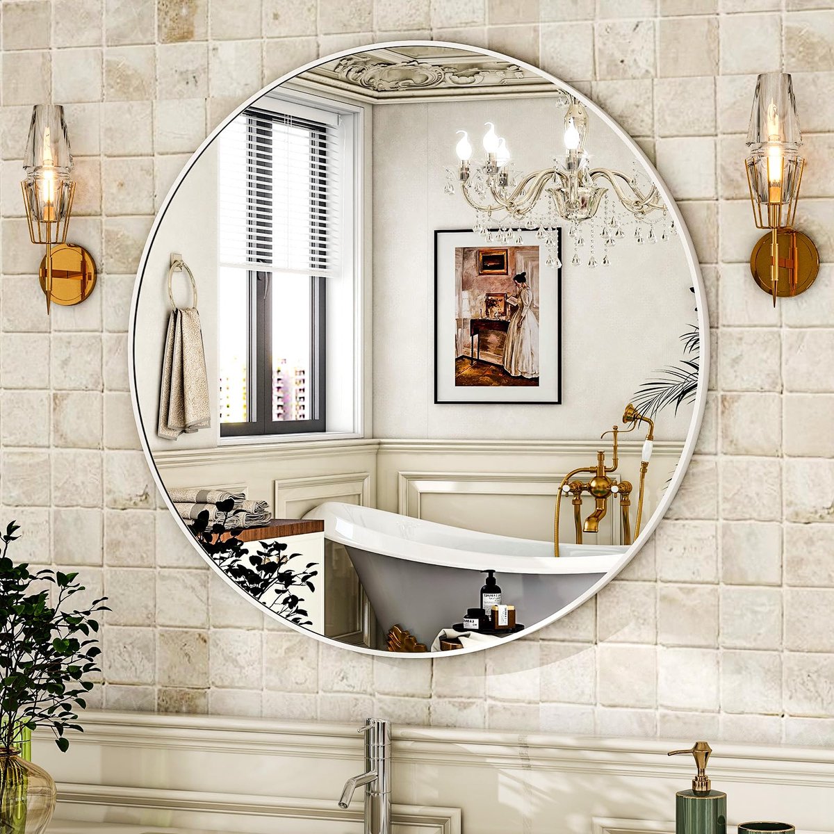 SnelShoppen - 80 cm ronde wandspiegel wit, onbreekbare badkamerspiegel met aluminium frame, perfecte spiegel voor slaapkamer, woonkamer, badkamer, leu