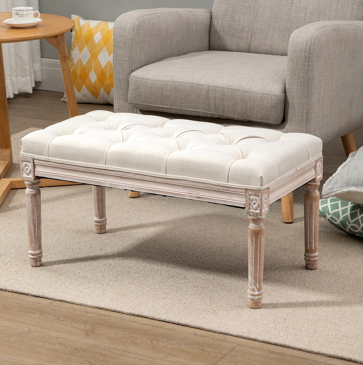 HAUSS SPOLE Hocker – 80 x 40 x 43 cm – Gestoffeerd met Linnenlook – Hout en Crèmewit – Voor Woonkamer en Slaapkamer