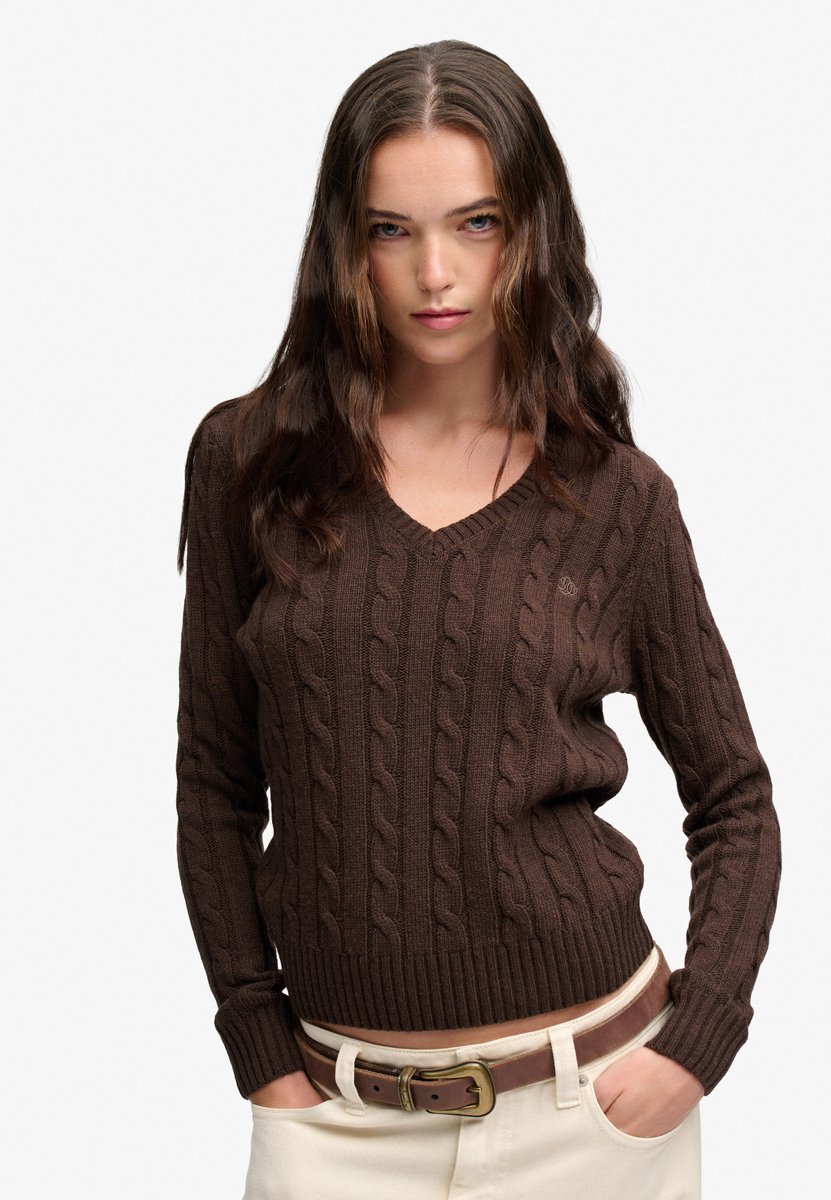 Superdry Wollen Mix Kabel V-hals Trui Dames Sweaters Bruin