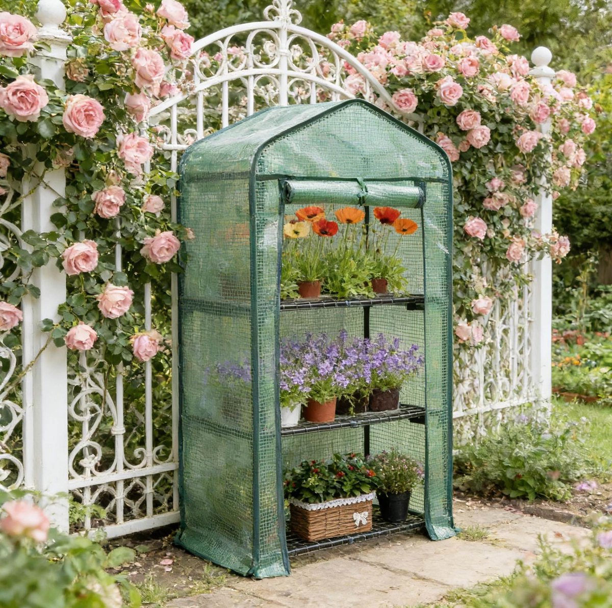 Kweekkas Compact Met 3 Planken 69 x 49 x 125 Cm Metaal En Polyetheen Groen Voor Balkon Terras En Tuin Met Rolluikdeur En Ventilatie