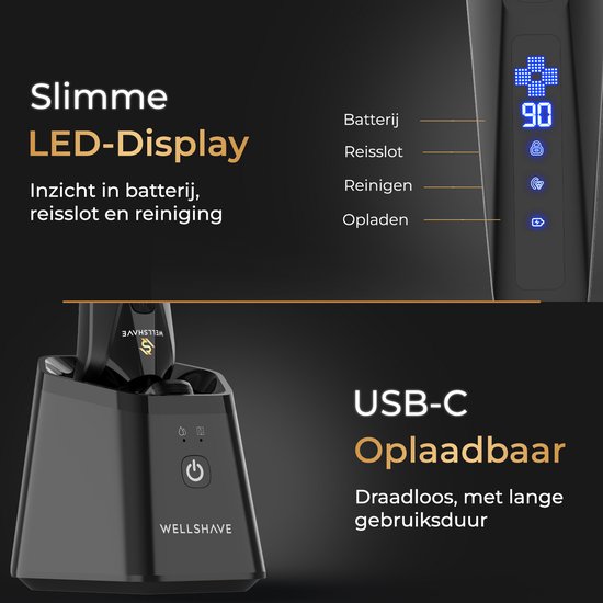 Zwart scheerapparaat en oplaadstation met LED-display. Tekst: "Slimme LED-Display" en "USB-C Oplaadbaar".