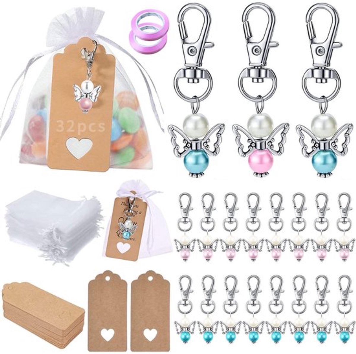 - Engelenhangers - Beschermengel Hanger - Geluk en Bescherming - 32 Stuks - Kraftpapier en Organza Zakjes - Feestelijke Geschenken