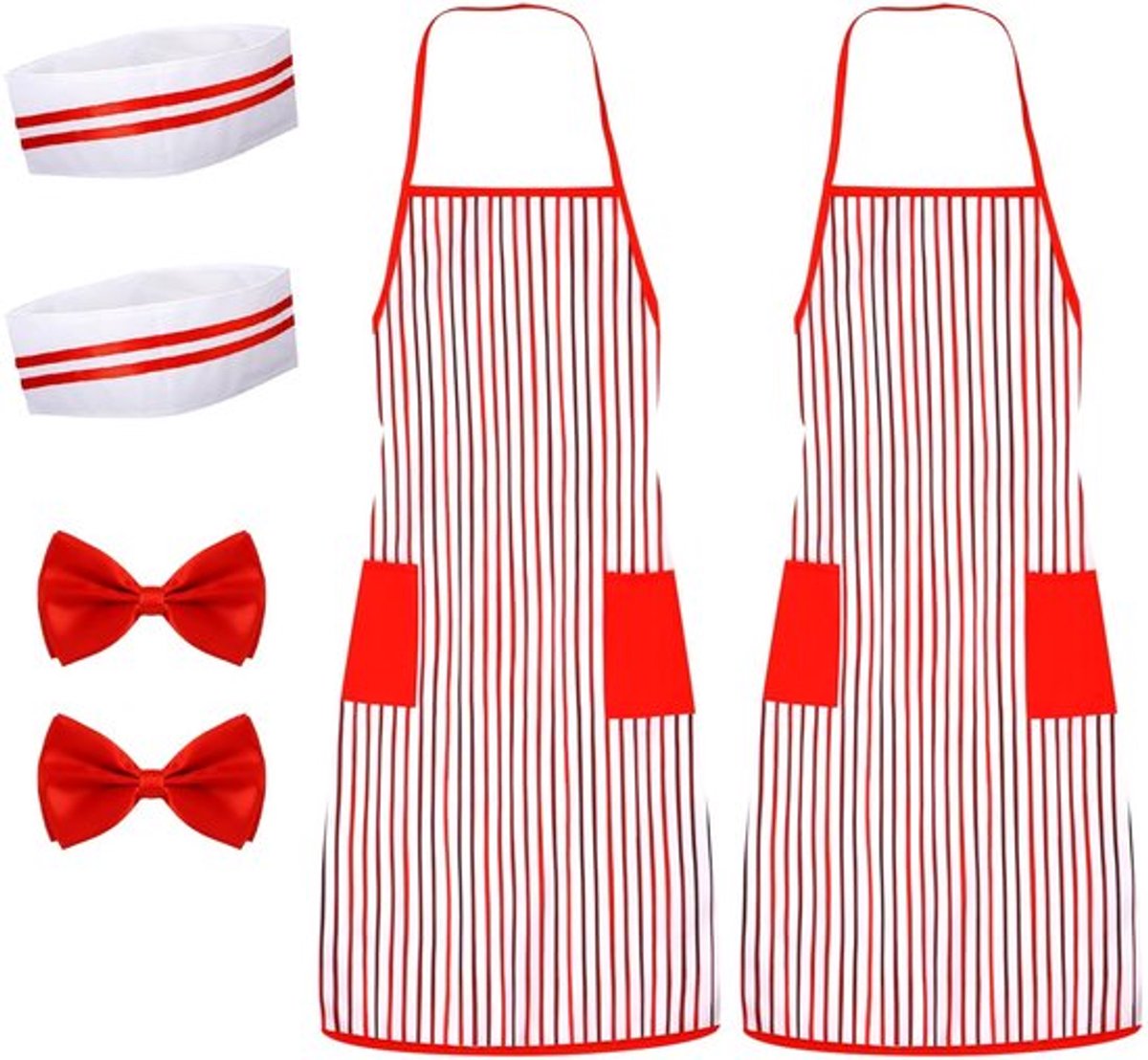 Kostuumset 6 Stuks - Rood/Wit Gestreepte Schort - Koksmuts - Vlinderdas - Volwassenen - Polyester Doek - Carnavalskostuum