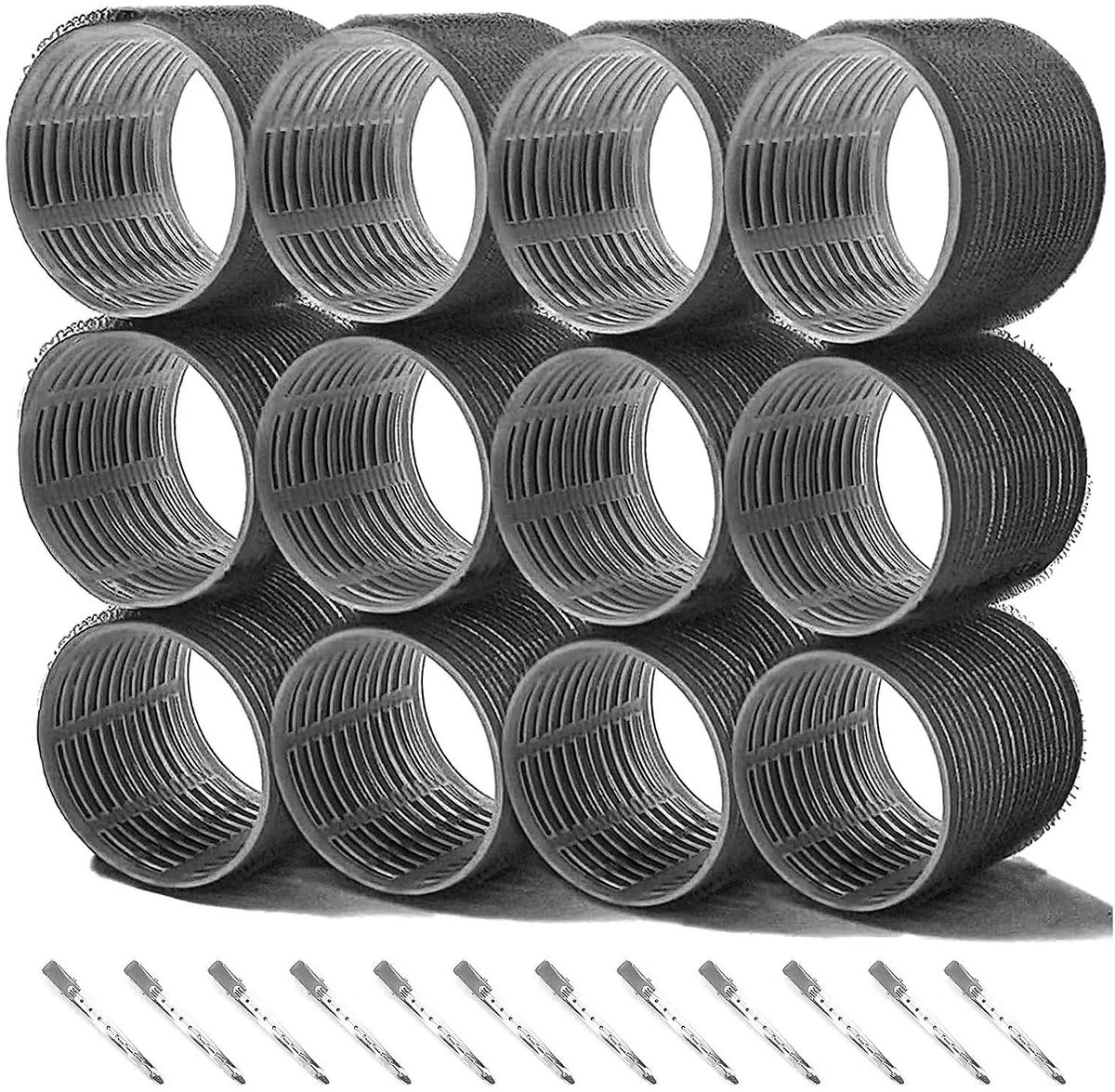 Dailygoods - Set van 24 Jumbo Haarrollers en 12 Eendenbek Clips - Zelfgreep, 64 mm voor Alle Haartypes