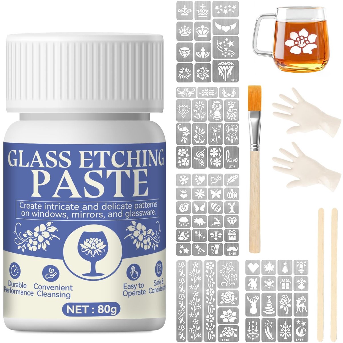 Dailygoods- Etspasta 80 gram - Sterke Glasetscreme - Etsjabloon - Handschoenen - Penseel - Houten Stokjes - Glasetsmiddel