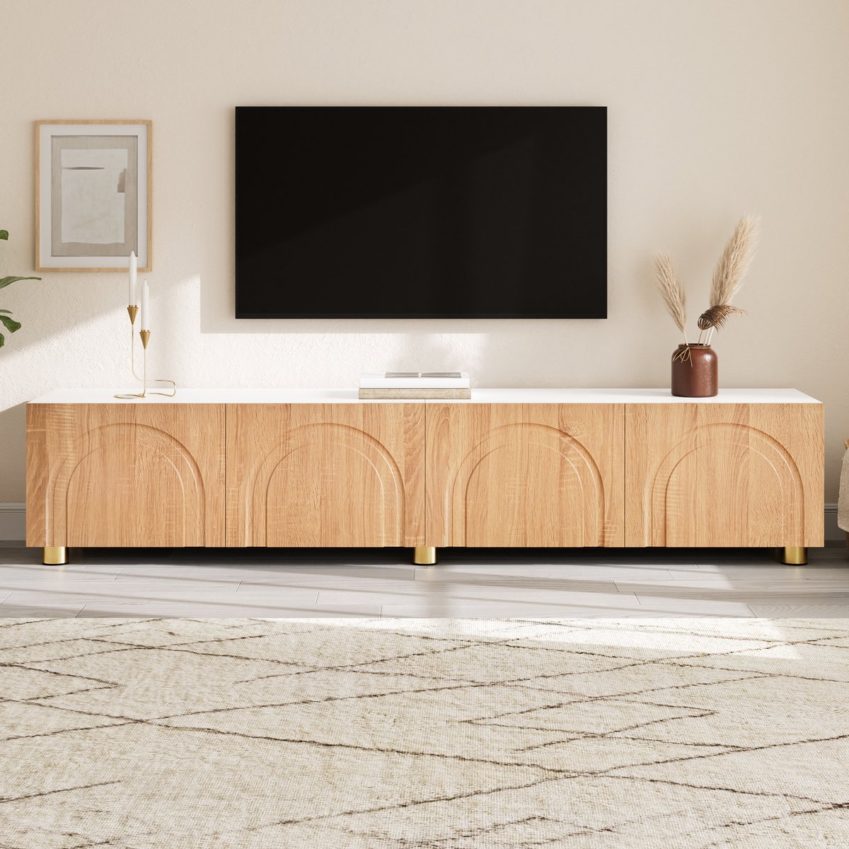 VVBV TV-Meubel 180 cm - Naturel-Wit Lowboard met 4 Deuren, 3D-Boogreliëf, Metalen Poten, MDF, Spaanplaat, Opbergruimte