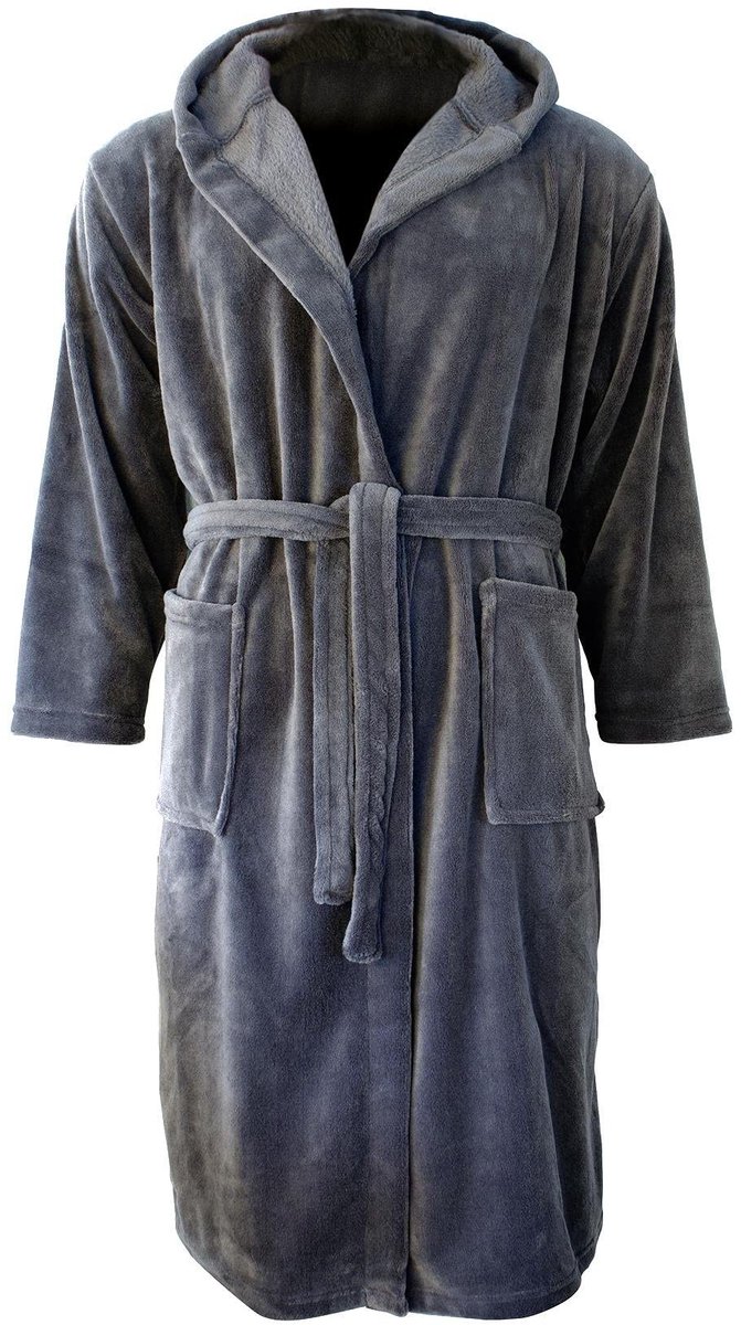 SnelShoppen - Close Up Fleece Badjas voor Dames en Heren, Antraciet/Grijs, Saunajas, Maten S-XL (M), Comfortabel en Warm