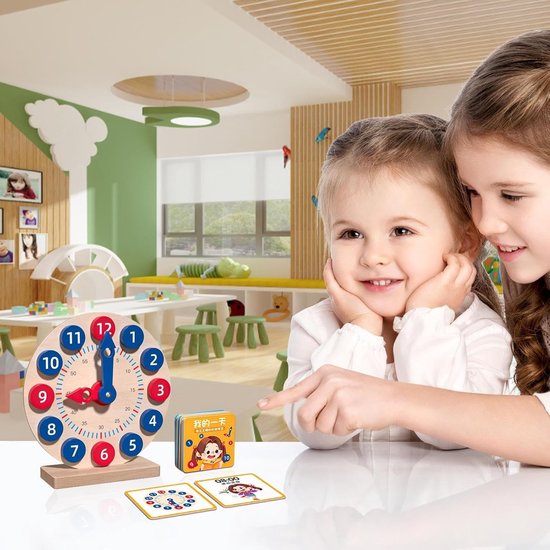 Houten Leerhorloge - Educatieve Klok - Kinderen Leren - 18 Kaartactiviteiten - 21.7 x 7.6 x 21.5 cm - Meerkleurig — afbeelding 3